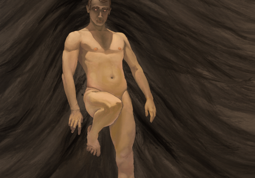 Nude man with glowing red eyes leans against darkest night creepy gay art sensual spooky