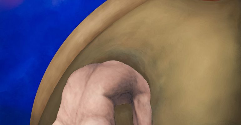 Nude man pushing head into breast and emerging out of nipple.