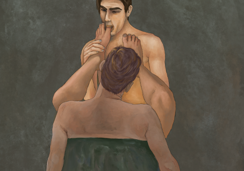 Gay man licking toes of his lover surrealism minimalistic homoerotic